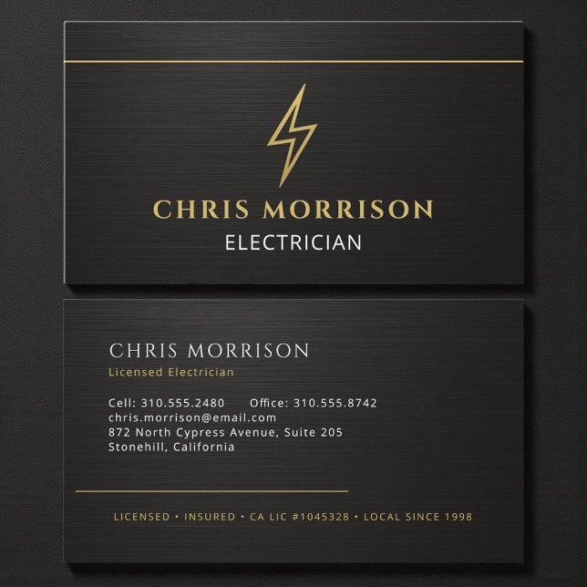 Licensed Electrician Black Gold Contractor Business Card (Creator Uploaded)