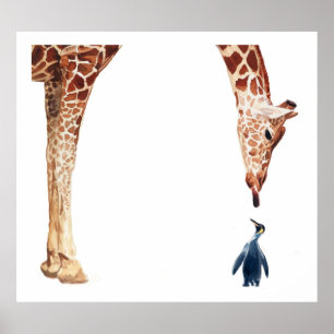 "Licker with Penguin" Giraffe Watercolor Poster