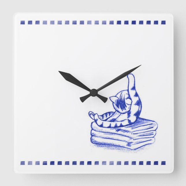 Licking Himself Kitty Cat Bathroom Toile Look Square Wall Clock (Front)
