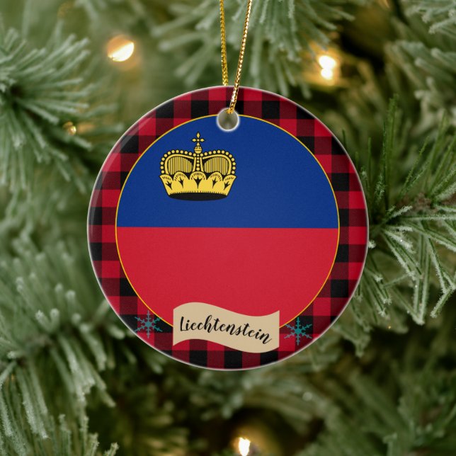 Liechtenstein Flag, Red buffalo plaid, patriotic Ceramic Tree Decoration (Tree)