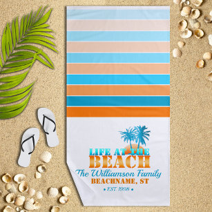 Life at The Beach Cool Blue/Orange Personalised Beach Towel