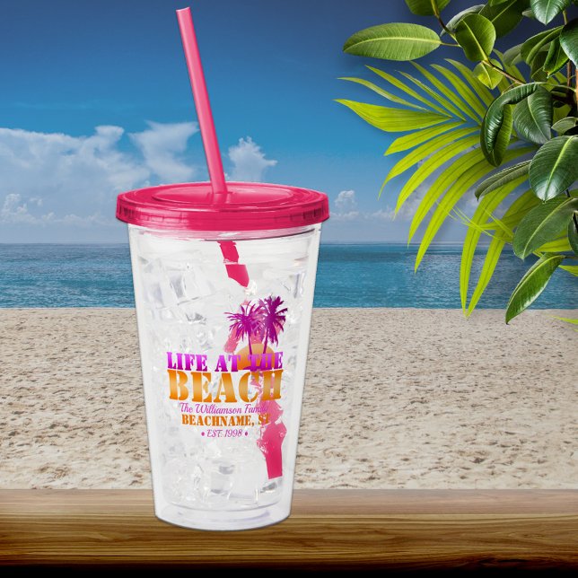 Life at The Beach Cool Sunset Pink and Orange Acrylic Tumbler (Creator Uploaded)