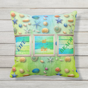 Life at the Beach Sea Sand Seashells Rustic Frame Cushion