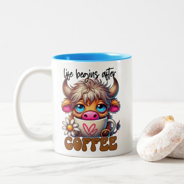 Life Begins After Coffee  Two-Tone Coffee Mug (With Donut)