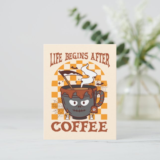Life Begins After Coffee – Witchy Halloween Postcard (Standing Front)