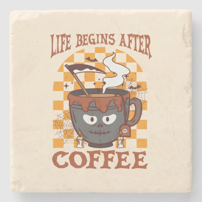 Life Begins After Coffee – Witchy Halloween Stone Coaster (Front)