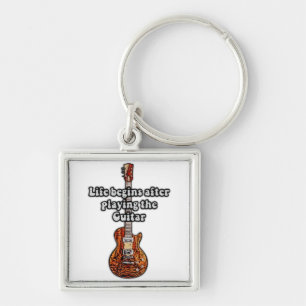 Life begins after playing the guitar. retro colour key ring