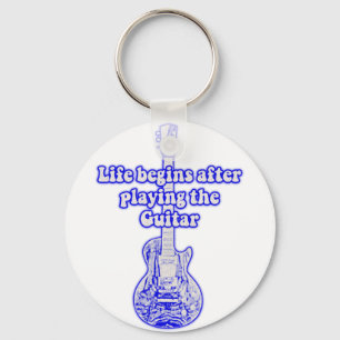 Life begins after playing the guitar. vintage blue key ring