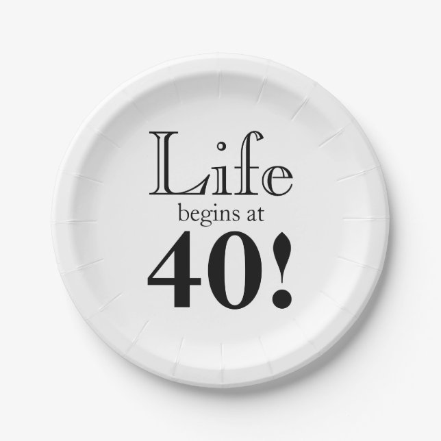 Life begins at 40 black cool retro graphic font  paper plate (Front)