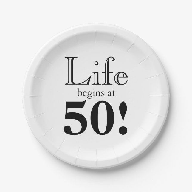 Life begins at 50 black cool retro font  paper plate (Front)