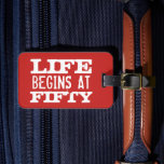 Life begins at 50 funny 50th Birthday luggage tags<br><div class="desc">Life begins at 50 funny 50th Birthday travel luggage tag. Fun quote baggage label for fifty year old men and women. Change age year accordingly. Faded vintage typography design with custom age. Add your own custom number. Cool surprise Birthday party gift idea for legendary dad, father, husband, uncle, grandpa, brother,...</div>
