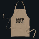 Life begins at fifty funny 50th Birthday BBQ apron<br><div class="desc">Life begins at fifty funny 50th Birthday BBQ apron. Fun quote cooking aprons for 50 year old men and women. Change age year accordingly. Faded vintage typography design with custom age. Add your own custom number. Cool surprise Birthday party gift idea for legendary dad, father, grillmaster husband, world's greatest uncle,...</div>
