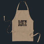Life begins at fifty funny 50th Birthday BBQ apron<br><div class="desc">Life begins at fifty funny 50th Birthday BBQ apron. Fun quote cooking aprons for 50 year old men and women. Change age year accordingly. Faded vintage typography design with custom age. Add your own custom number. Cool surprise Birthday party gift idea for legendary dad, father, grillmaster husband, world's greatest uncle,...</div>