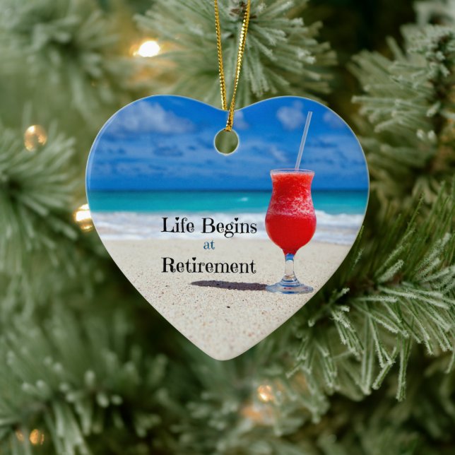 Life Begins at Retirement, frosty drink on beach Ceramic Tree Decoration (Tree)