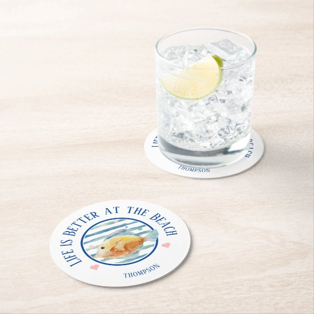 Life Better the Beach, Tropical Fish  Round Paper Coaster (Insitu)