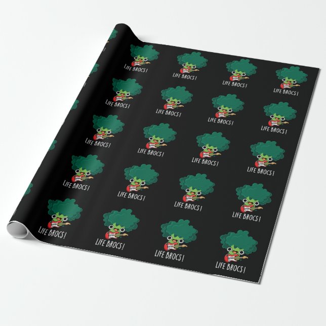 Life Brocs Funny Veggie Broccoli Pun Dark BG Wrapping Paper (Unrolled)