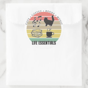 Life Essentials Cats, Coffee, Books, Music Vintage Classic Round Sticker