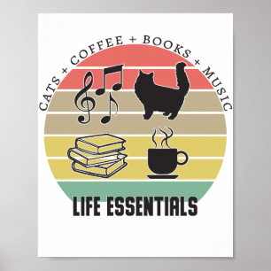 Life Essentials Cats, Coffee, Books, Music Vintage Poster