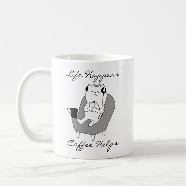 Life Happens Coffee Helps Cute Funny Cat Theme Mug (Left)