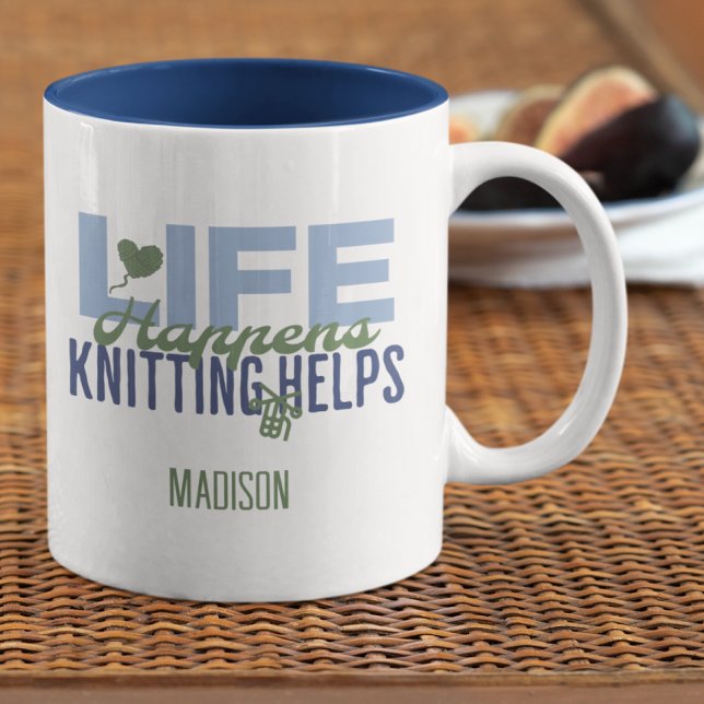 Life Happens Knitting Helps Knitting Lovers Two-Tone Coffee Mug (Creator Uploaded)