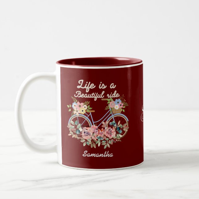 Life is a Beautiful Ride Quotes Floral Girly Name  Two-Tone Coffee Mug (Left)