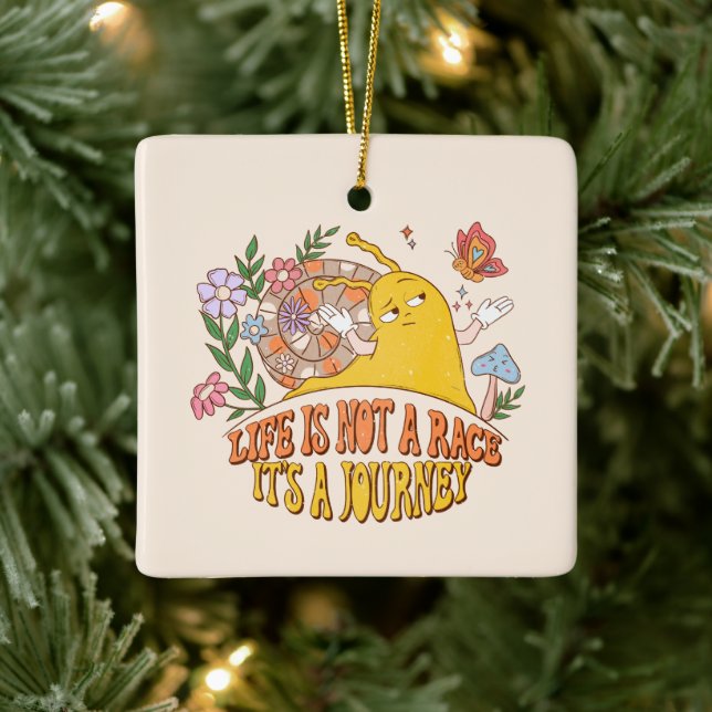 Life Is A Journey – Cute Snail, Mushrooms & Flower Ceramic Ornament (Tree)