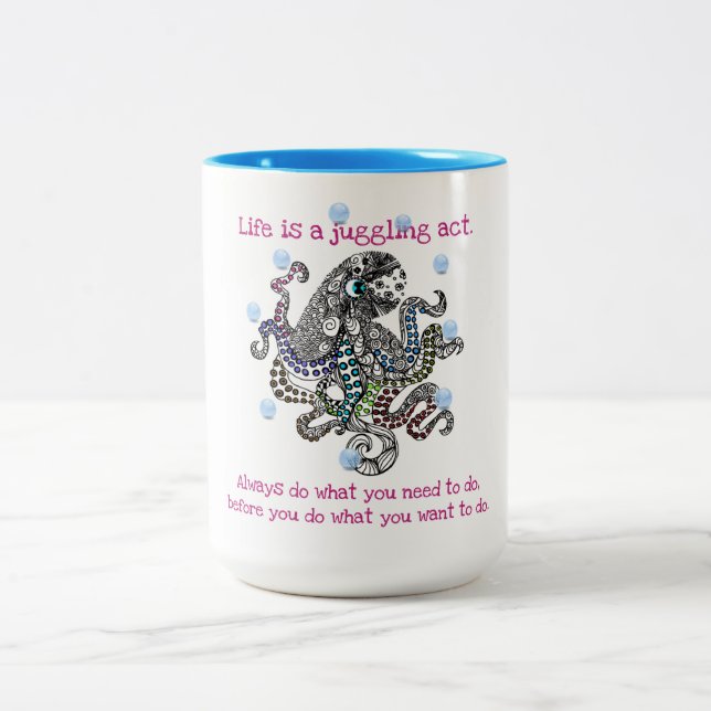 Life is a juggling act colourful floral octopus Two-Tone coffee mug (Center)