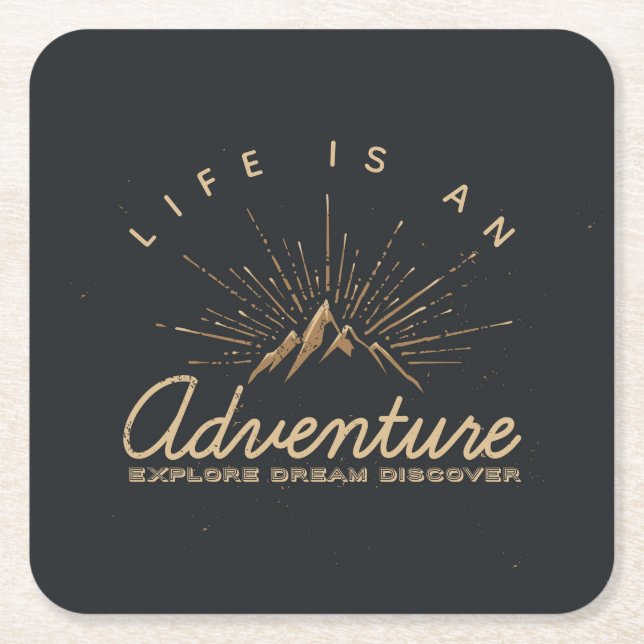 Life is an Adventure Mountain with Golden Sunrays Square Paper Coaster (Front)