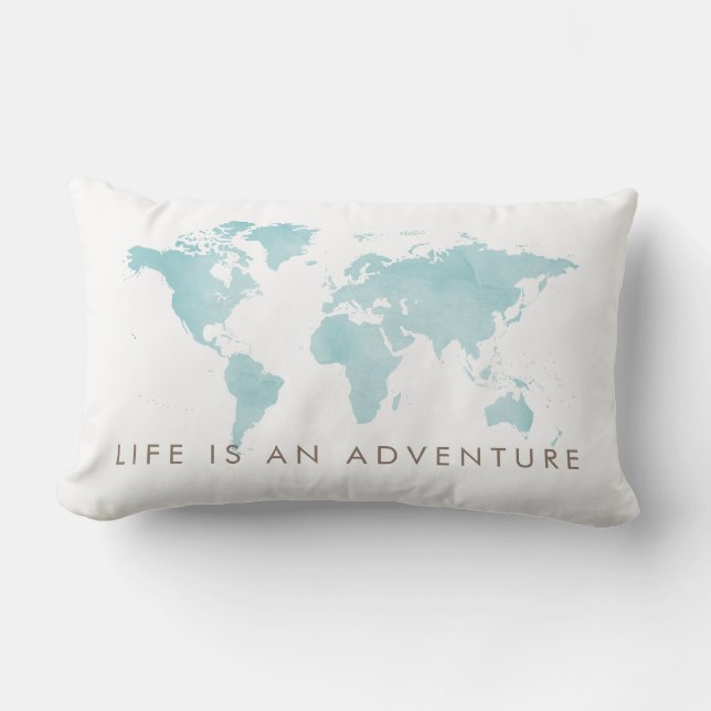 Life is an Adventure Teal Blue World Map Lumbar Cushion (Front)