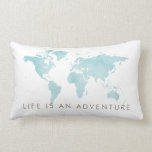 Life is an Adventure Teal Blue World Map Lumbar Cushion<br><div class="desc">Teal Blue or Aqua and Tan Brown Watercolor paint texture world map throw pillow with custom "Life is an Adventure" saying that can be personalized with any inspirational travel theme quote you want for a bedroom or baby nursery with a worldly international theme in neutral colors. Click 'customize further' to...</div>