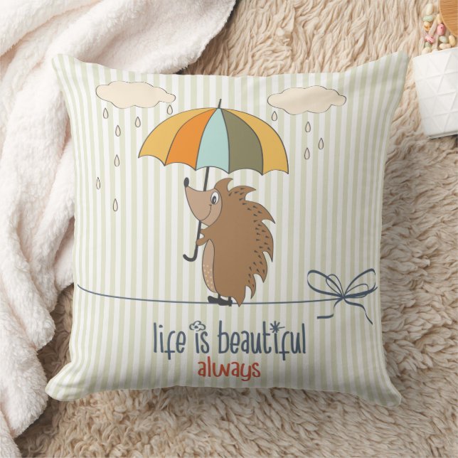 Life is Beautiful Hedgehog Cotton Throw Pillow (Blanket)