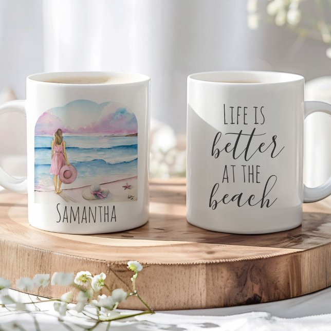 Life is Better at the Beach Coffee Mugs (Beach coffee mugs watercolor pink and blue art by Victoria Grigaliunas of Do Tell A Belle)