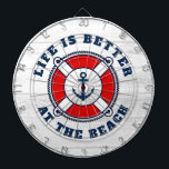 Life is better at the beach nautical anchor buoy dartboard<br><div class="desc">Life is better at the beach nautical anchor buoy Dart Board. Cool wall decor for beach home, house party, office, dorm, wedding, garden, bar, cafe, mancave etc. Vintage white wood grain background with navy blue colour and red lifesaver ring. Unique Birthday gift idea for friends, family, sailor, skipper, boat captain,...</div>