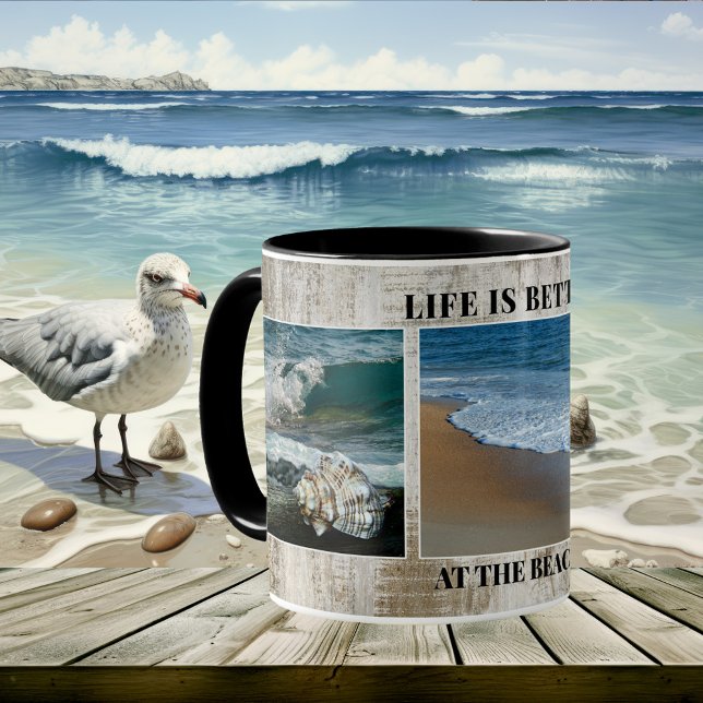 Life is better at the Beach Photo Collage Mug (A photo collage mug with your own photos on a weathered wood design. Perfect for a beach house)
