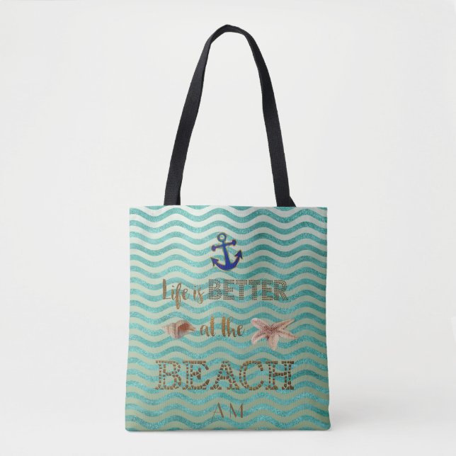 Life is BETTER at the BEACH Typography Monogram Tote Bag (Front)