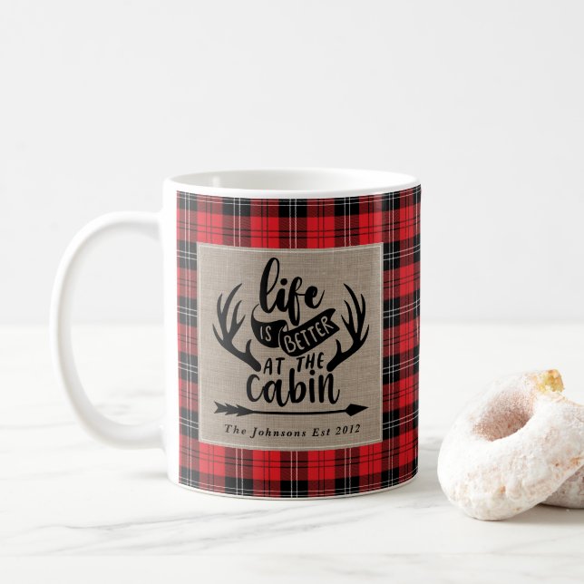 Life is Better at the Cabin Buffalo Plaid Burlap Coffee Mug (With Donut)