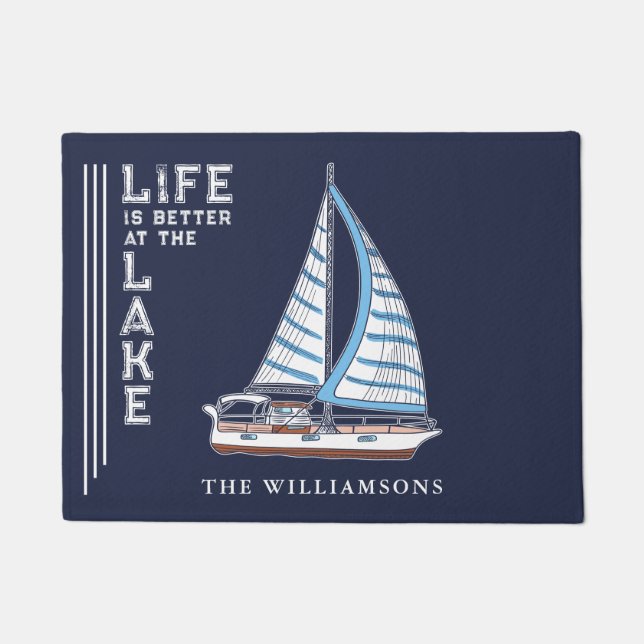 Life is Better at the Lake Nautical Boat Navy Blue Doormat (Front)
