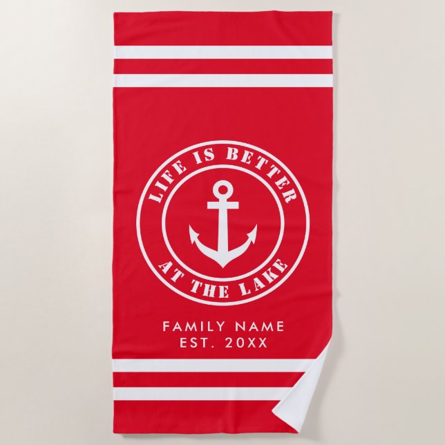 Life is better at the lake nautical custom red beach towel (Front)