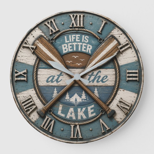 Life Is Better at the Lake Paddle Cabin Lodge Large Clock (Front)