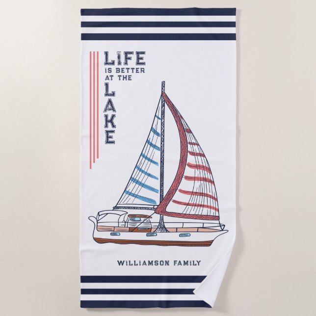 Life is Better at the Lake Sailboat Family Name Beach Towel (Front)
