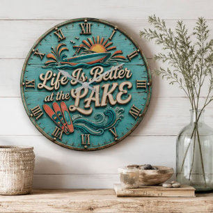Life Is Better at the Lake Speedboat Lake House Large Clock