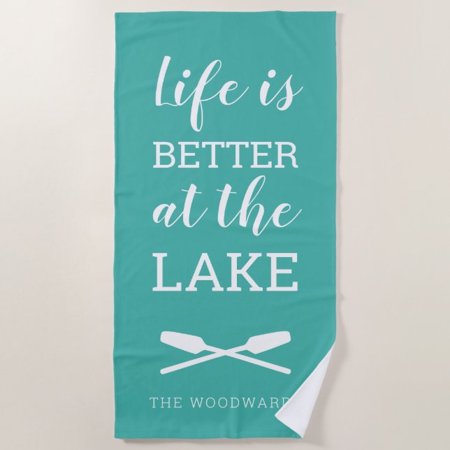 Life Is Better at the Lake Typography Turquoise Beach Towel (Front)