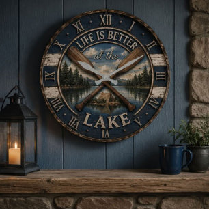 Life Is Better at the Mountain Lake Cabin Large Clock