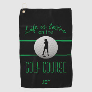 Life Is Better Black Green Lady Golfer Monogram Golf Towel