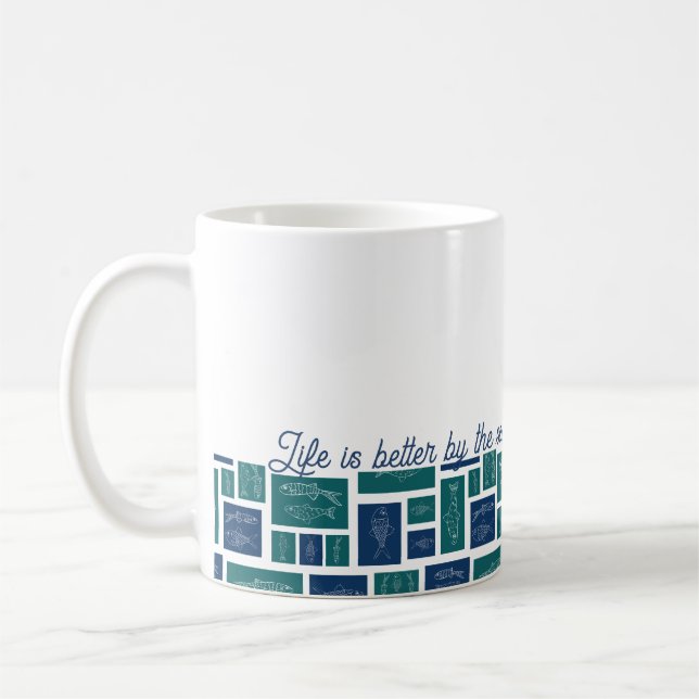 Life Is Better By The Sea Coastal Fish Pattern Coffee Mug (Left)