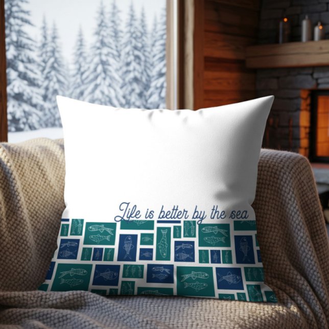Life Is Better By The Sea Coastal Fish Pattern  Cushion (Creator Uploaded)