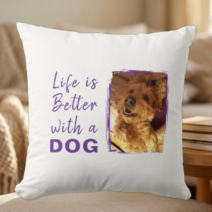 Life is better dog 2 photo name white purple cushion