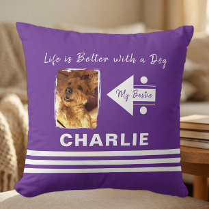 Life is better dog add photo name purple white cushion