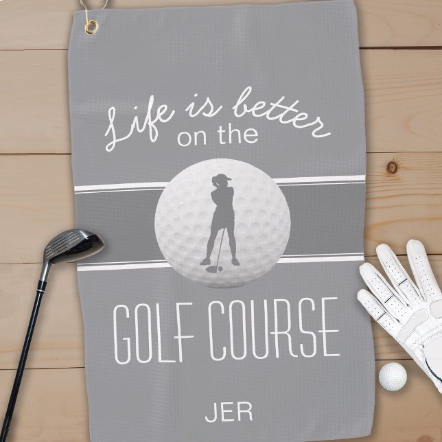 Life is Better Female Golfer Monogrammed Grey Chic Golf Towel (Creator Uploaded)