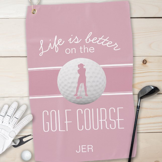Life is Better Female Golfer Monogrammed Pink Golf Golf Towel (Creator Uploaded)